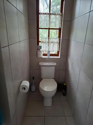 a small bathroom with a toilet and a window at Apple Pie Self-catering in Hermanus