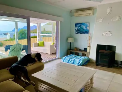 a dog is sitting on a couch in a living room at Sea and Sky Rooiels in Rooiels