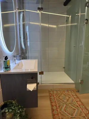 a bathroom with a sink and a shower at Shire Lodge in Cape Town