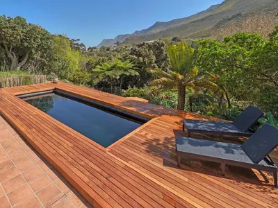 a swimming pool on a wooden deck with a chair at Leopard Lodge in Hermanus