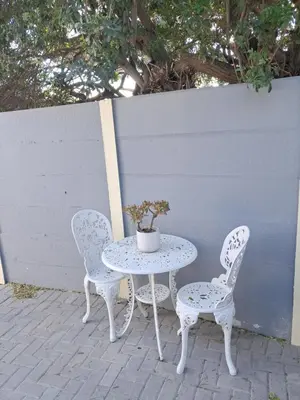 a table and two chairs with a potted plant on it at Deo Volente Self-Catering Cottage in Kuilsrivier