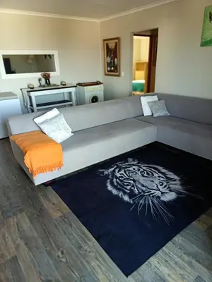 a large couch with a rug on the floor at Bluehaven self-catering guesthouse in Hermanus