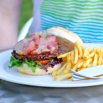 a white plate with a sandwich and french fries at Houw Hoek Hotel in Botrivier