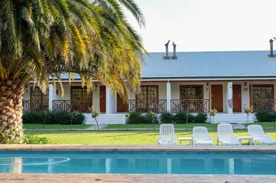 a resort with a palm tree and chairs next to a pool at Houw Hoek Hotel in Botrivier