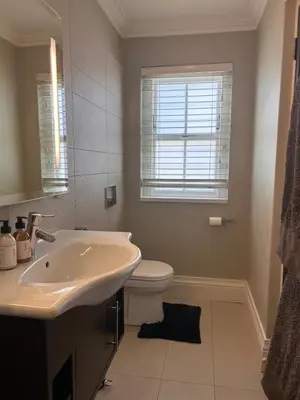 a bathroom with a sink and a toilet and a window at Bishopsfield Guesthouse Rondebosch in Cape Town