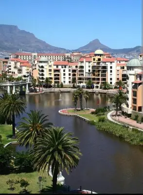 a city with a river with palm trees and buildings at Nice Views in Cape Town