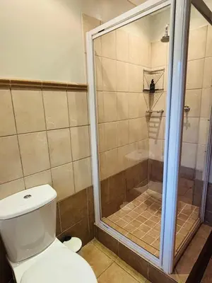 a bathroom with a toilet and a glass shower at Family home with table mountain view and pool in Stellenbosch