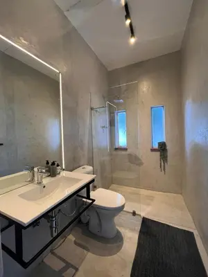 a bathroom with a sink and a toilet and a shower at Durr's Nest - Central Paarl Mountain Retreat in Paarl