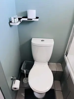 a bathroom with a white toilet in a room at Entire Modern, Secure & Central Flat in Milnerton in Cape Town