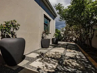 a side walk with plants and a building at Urban Oaks in Bellville
