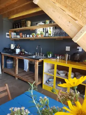 a kitchen with a sink and a yellow cabinet at PicardiPlace in Rawsonville