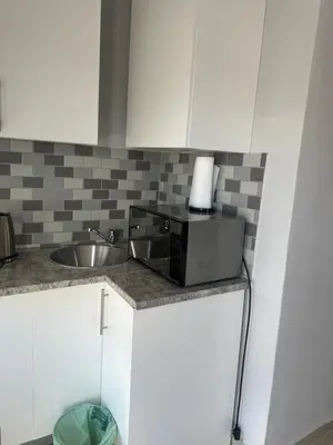 a kitchen counter with a microwave and a sink at Nemesia guest house in Cape Town