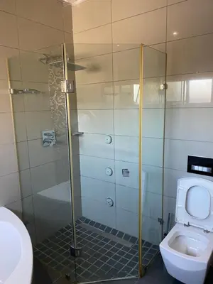 a bathroom with a shower and a toilet at Plattekloof Queens Guest House in Welgelegen