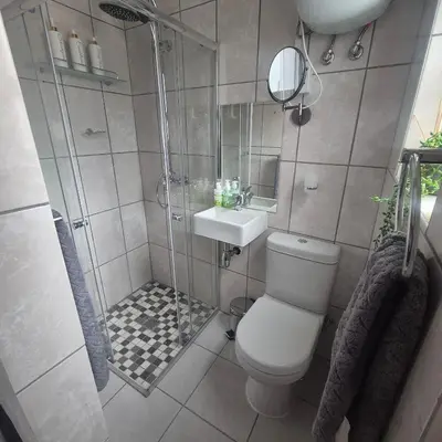 a bathroom with a shower and a toilet and a sink at White Lilly