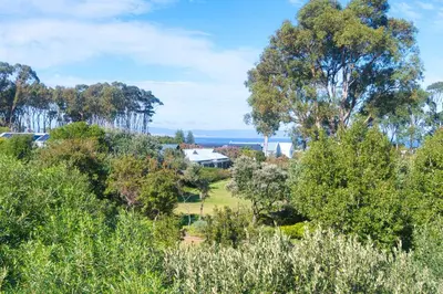 an aerial view of a park with trees and a house at On Golf Estate Sea & Mountain Views Design Winner in Hermanus