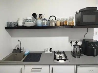 a kitchen counter with a stove and a sink at Hermanus C-Escape Apartment in Hermanus