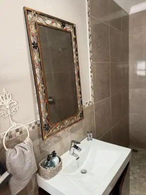 a bathroom with a sink and a mirror at Yellow Wood 1 in Hermanus