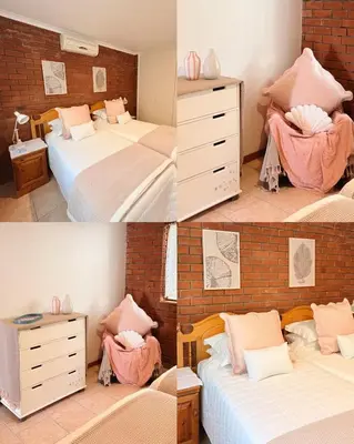 three pictures of a bedroom with two beds at Nimara de So in Gordonʼs Bay