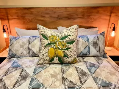 a bed with several pillows and a bedspread with lemons on it at Modern Van Riebeeck Park Accomodation in Worcester