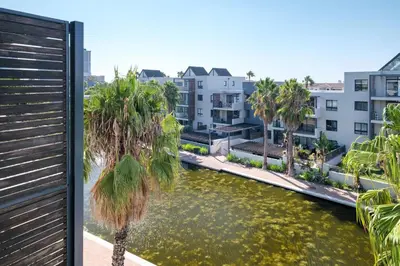 a view of a river with palm trees and buildings at Canalside Tranquility in Cape Town