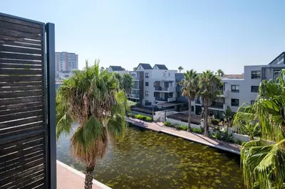 a view of a pond with palm trees and buildings at Canalside Tranquility in Cape Town