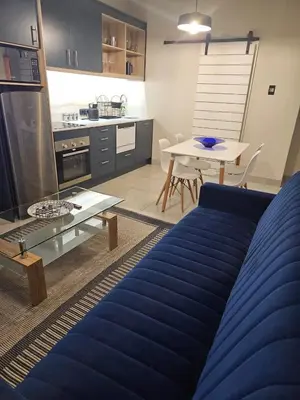 a living room with a blue bed and a kitchen at PinotageLuxuryCollection 14 Bastmolen in Stellenbosch
