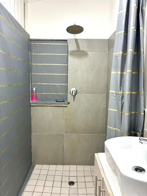 a bathroom with a shower and a sink at Private Flatlet B in Goodwood
