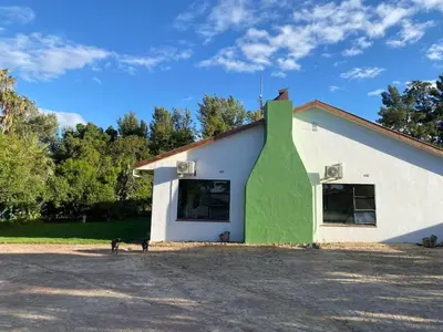 a green and white building with a dog in front at Magents Farm Guesthouse in Paarl