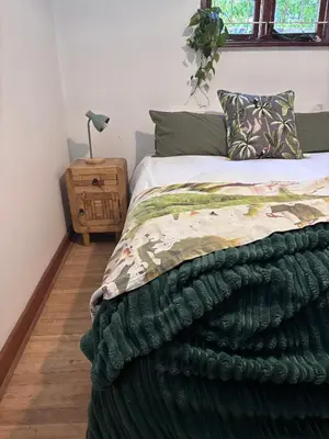 a bedroom with a bed with a green comforter at Catlovers Corner in Paarl