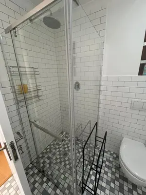 a glass shower in a bathroom with a toilet at The Sultan Cottage in Stellenbosch