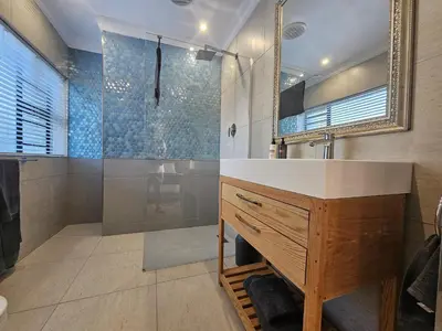 a bathroom with a shower and a sink and a mirror at Induli on Sage in Plattekloof