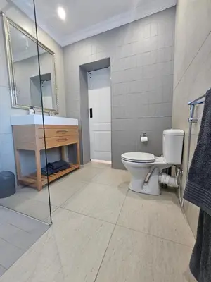 a bathroom with a toilet and a sink and a mirror at Induli on Sage in Plattekloof