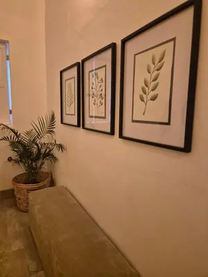 four framed pictures on a wall with a couch at Under the Maple in Rawsonville