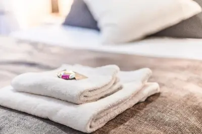 a pile of towels on the floor in a bathroom at Seagull Apartment Hermanus in Hermanus