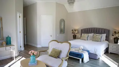 a bedroom with a bed with a dog sitting on a chair at Château Famille in Franschhoek