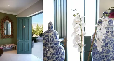 two blue and white vases in a room at Château Famille in Franschhoek