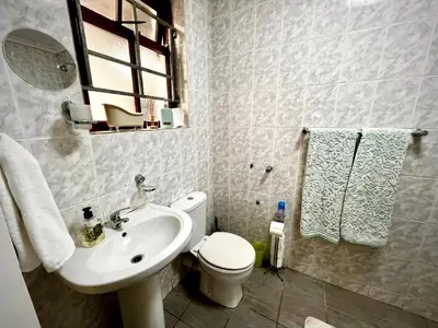 a bathroom with a white toilet and a sink at Ebgow Cottage in Cape Town