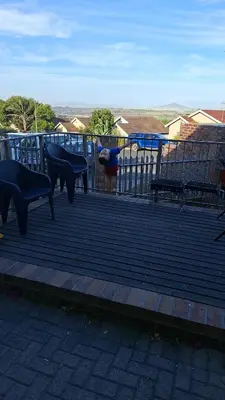 a deck with chairs and tables on a fence at MDA Myburgh in Brackenfell