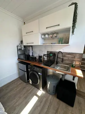 a kitchen with a sink and a washing machine at Studio Seabiscuit in Cape Town
