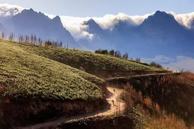 a dirt road on a hill with mountains in the background at Swannie Creek in Grabouw