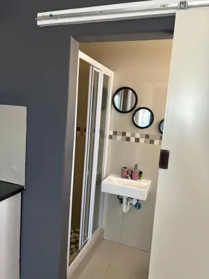 a bathroom with a sink and a mirror at SNE Travellers in Faure