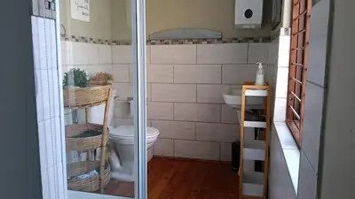 a bathroom with a toilet and a sink at Fijnbos - Something-Els in Rooiels