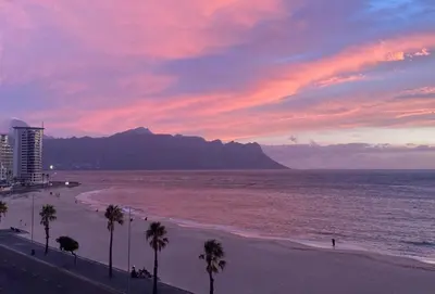a beach with palm trees and the ocean at sunset at 510 Odeon Towers - SeaView in Strand