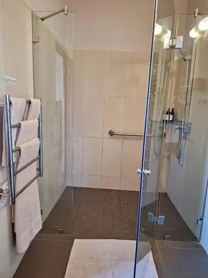 a bathroom with a shower with a glass door at Lovane Boutique Wine Estate and Guesthouse in Stellenbosch