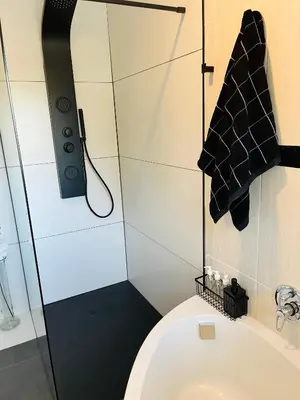 a bathroom with a shower and a white sink at 41 on RUPERT in Helderberg