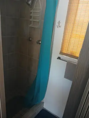 a shower with a blue shower curtain in a bathroom at Braai and chill getaway in Goodwood