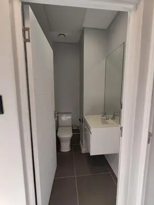 a bathroom with a toilet and a sink and a mirror at Majestic Mountain views in the Cape Town Winelands in Stellenbosch