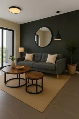 a living room with a couch and a table and a mirror at Majestic Mountain views in the Cape Town Winelands in Stellenbosch