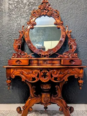 a mirror on top of a wooden table at Modern Boho Loft- Observatory in Cape Town