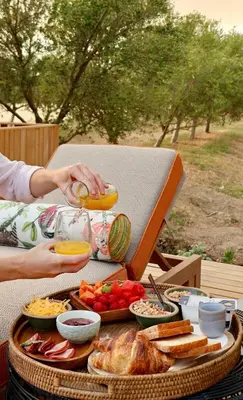 a picnic table with a tray of food and a person drinking juice at Olijvenkraal Winelands Lodge in Paarl